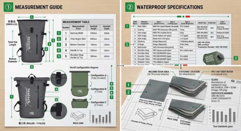 Roll-top bag measured before closure and after three rolls with numbered points, and a waterproof specification page marking welded and sewn seams with target rating and test method